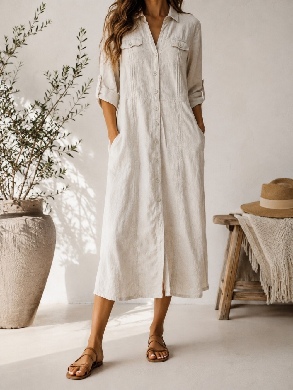Style & Co 100% Linen Midi Shirtdress Duster Natural Beige Oatmeal Size 10